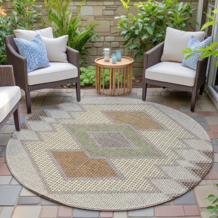 8' Brown Copper And Fern Green Round Geometric Washable Indoor Outdoor Area Rug
