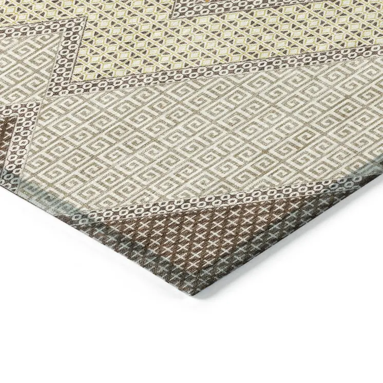 8' Brown Copper And Fern Green Round Geometric Washable Indoor Outdoor Area Rug
