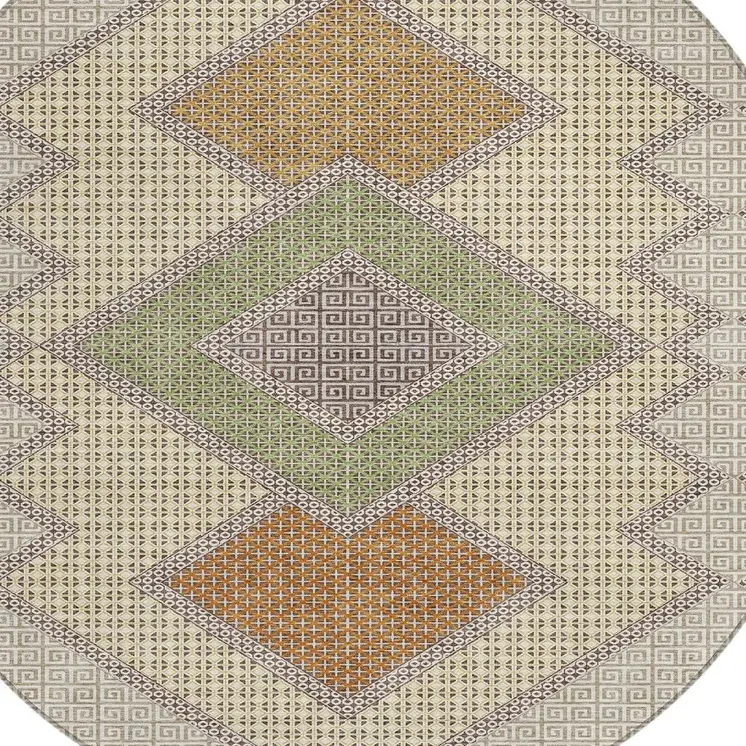 8' Brown Copper And Fern Green Round Geometric Washable Indoor Outdoor Area Rug