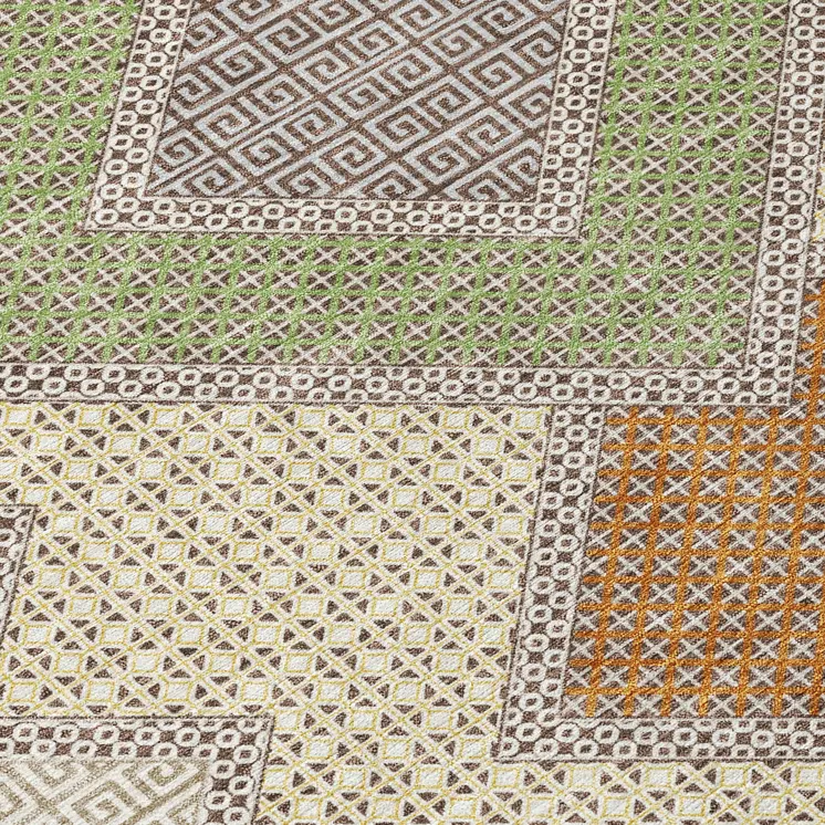 8' Brown Copper And Fern Green Round Geometric Washable Indoor Outdoor Area Rug