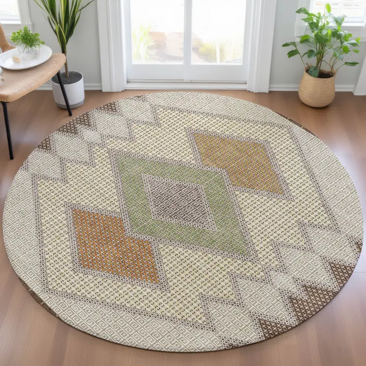 8' Brown Copper And Fern Green Round Geometric Washable Indoor Outdoor Area Rug