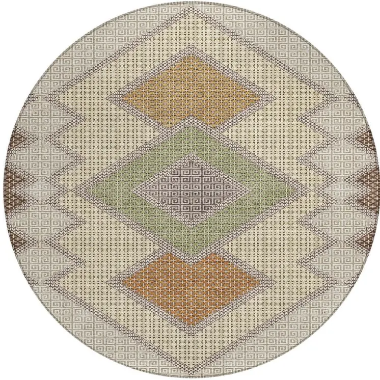 8' Brown Copper And Fern Green Round Geometric Washable Indoor Outdoor Area Rug