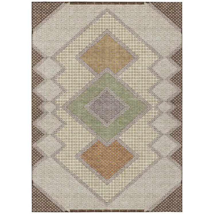 8' X 10' Brown Copper And Fern Green Geometric Washable Indoor Outdoor Area Rug