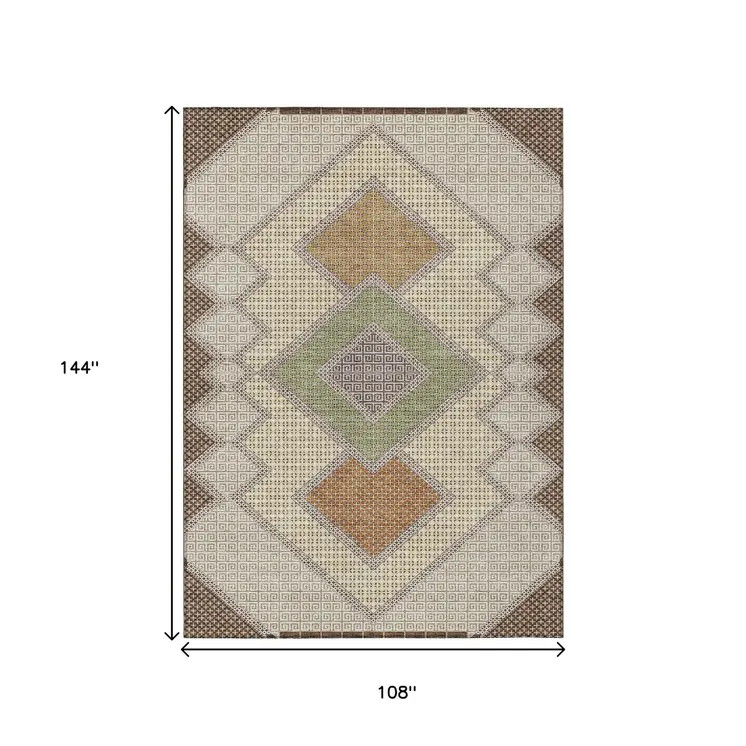 9' X 12' Brown Copper And Fern Green Geometric Washable Indoor Outdoor Area Rug