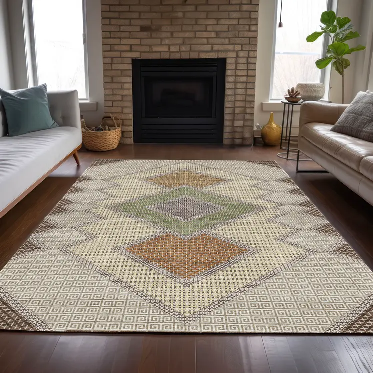 9' X 12' Brown Copper And Fern Green Geometric Washable Indoor Outdoor Area Rug