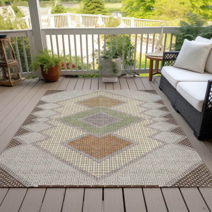 9' X 12' Brown Copper And Fern Green Geometric Washable Indoor Outdoor Area Rug