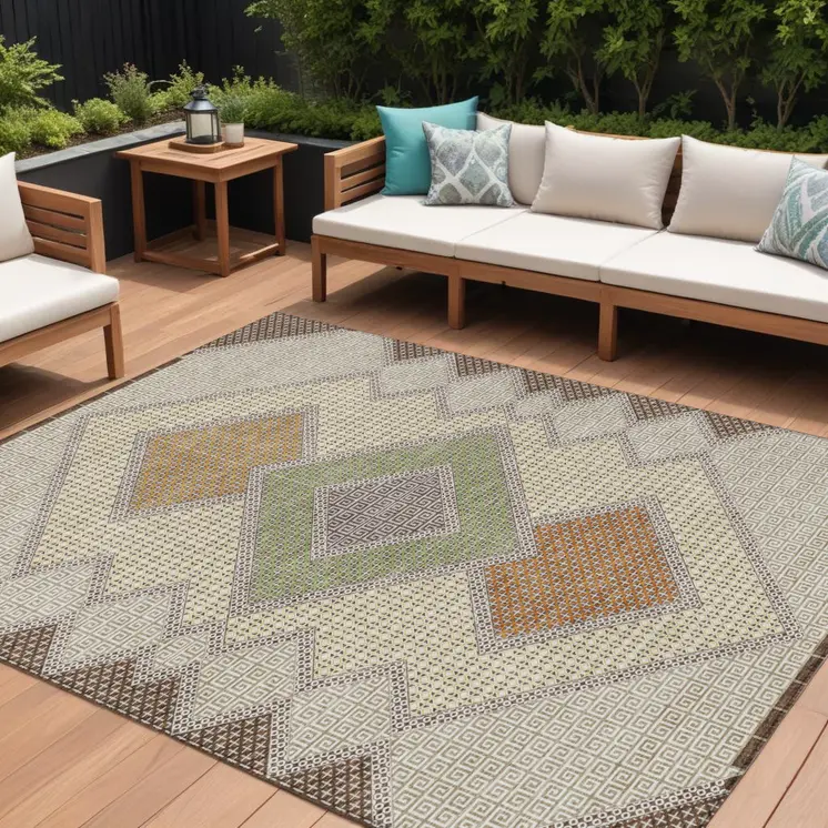 10' X 14' Brown Copper And Fern Green Geometric Washable Indoor Outdoor Area Rug