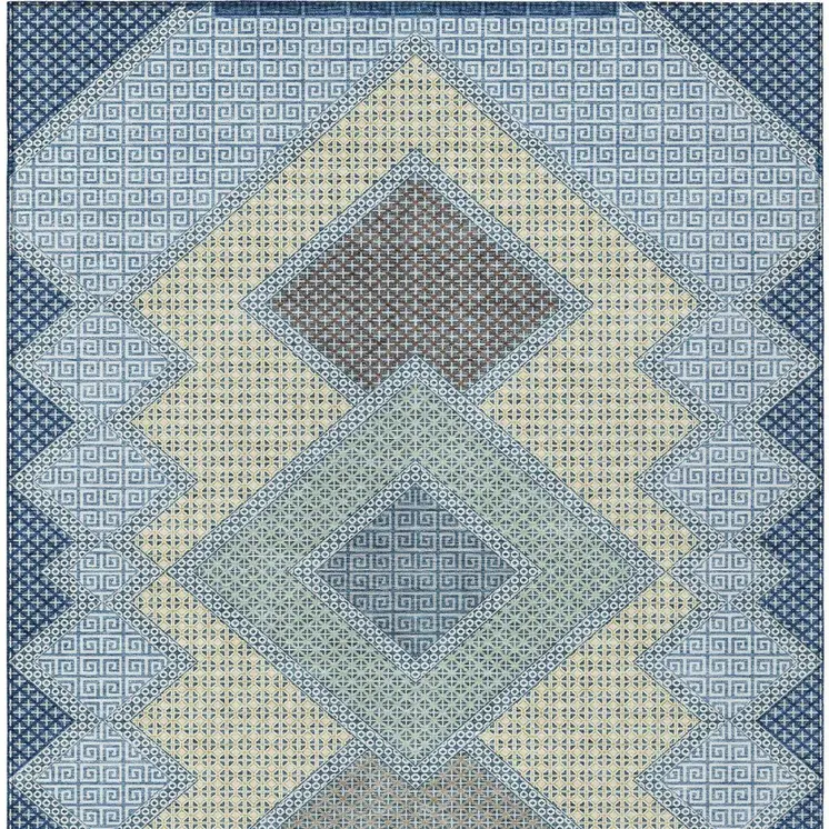 5' X 8' Denim Blue Gray And Brown Geometric Washable Indoor Outdoor Area Rug