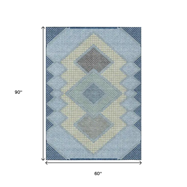 5' X 8' Denim Blue Gray And Brown Geometric Washable Indoor Outdoor Area Rug