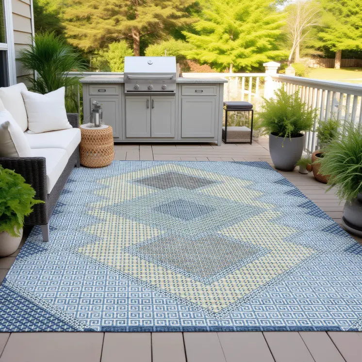 5' X 8' Denim Blue Gray And Brown Geometric Washable Indoor Outdoor Area Rug