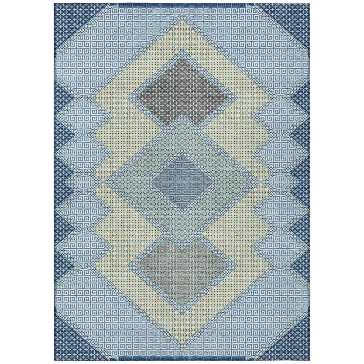 5' X 8' Denim Blue Gray And Brown Geometric Washable Indoor Outdoor Area Rug