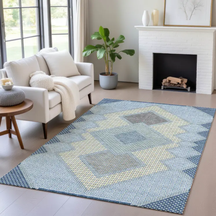 5' X 8' Denim Blue Gray And Brown Geometric Washable Indoor Outdoor Area Rug