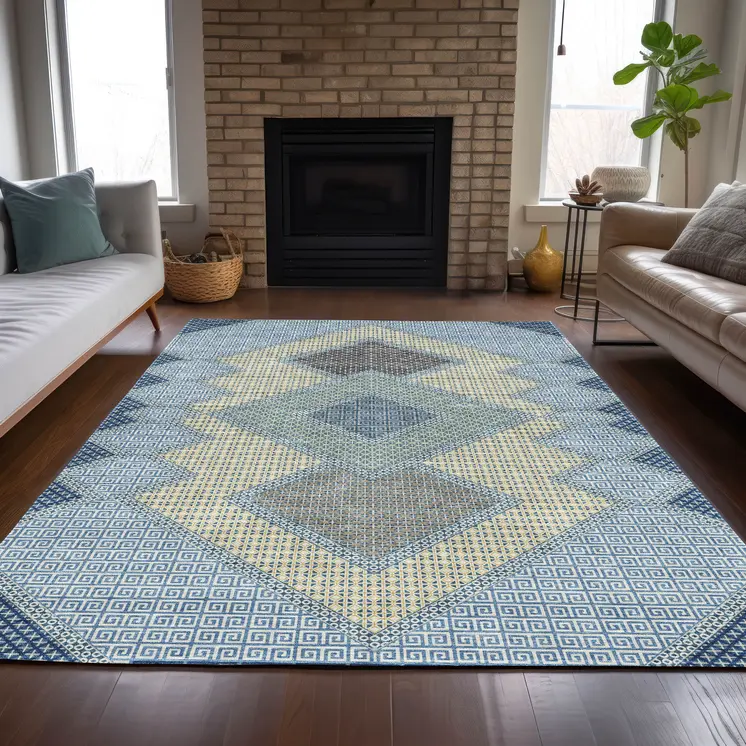 5' X 8' Denim Blue Gray And Brown Geometric Washable Indoor Outdoor Area Rug