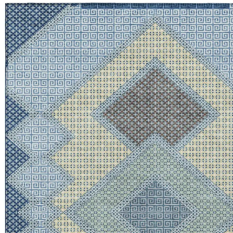 8' X 10' Denim Blue Gray And Brown Geometric Washable Indoor Outdoor Area Rug