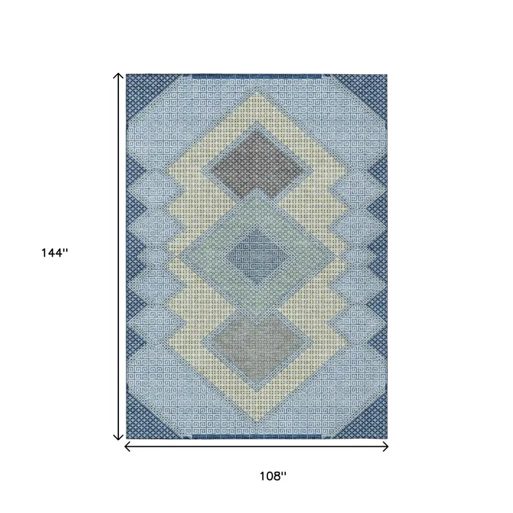 9' X 12' Denim Blue Gray And Brown Geometric Washable Indoor Outdoor Area Rug
