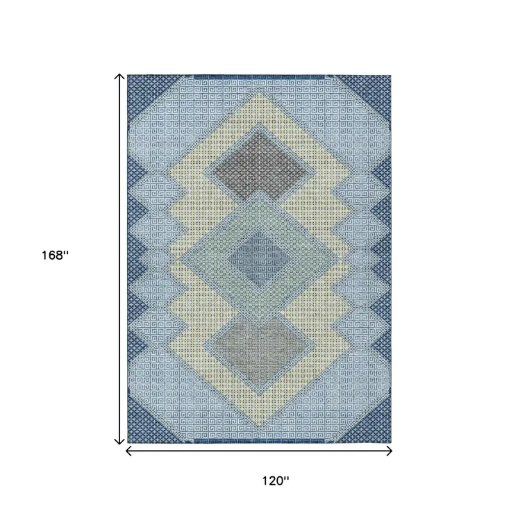 10' X 14' Denim Blue Gray And Brown Geometric Washable Indoor Outdoor Area Rug