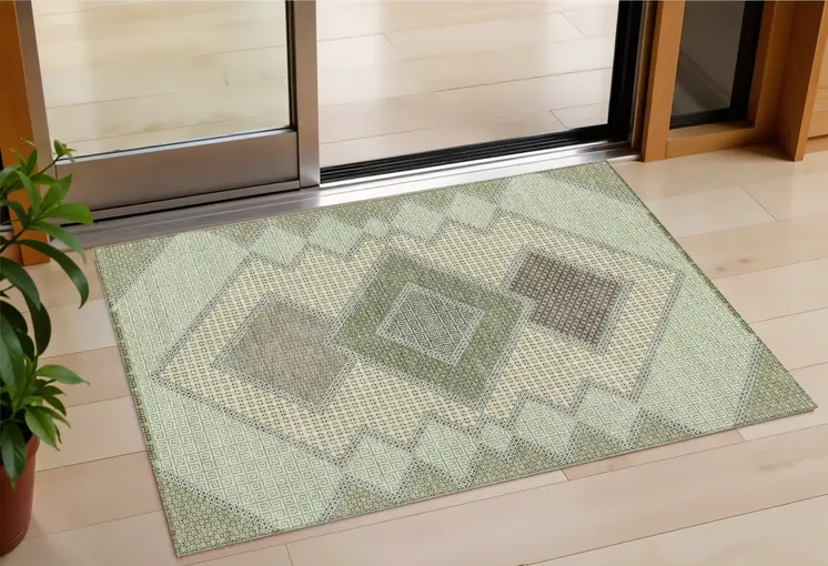 3' X 5' Green Gray And Taupe Geometric Washable Indoor Outdoor Area Rug