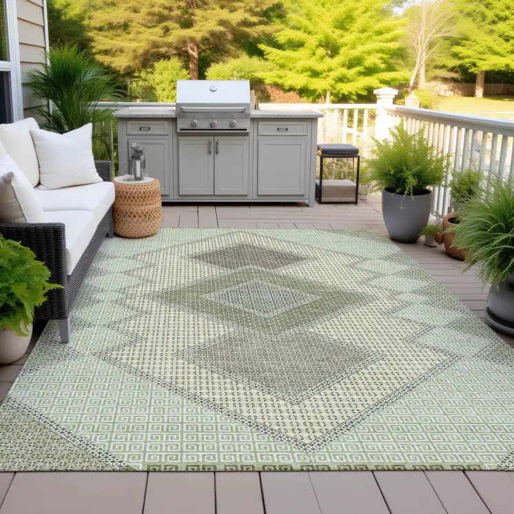3' X 5' Green Gray And Taupe Geometric Washable Indoor Outdoor Area Rug