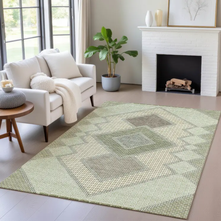 3' X 5' Green Gray And Taupe Geometric Washable Indoor Outdoor Area Rug