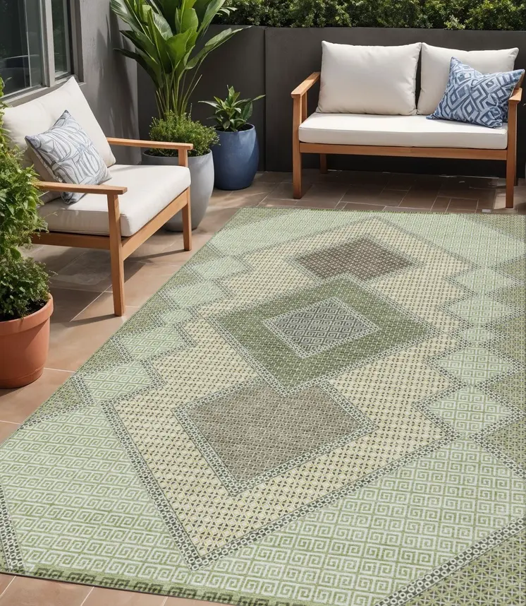 5' X 8' Green Gray And Taupe Geometric Washable Indoor Outdoor Area Rug
