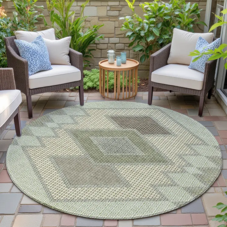 8' Green Gray And Taupe Round Geometric Washable Indoor Outdoor Area Rug
