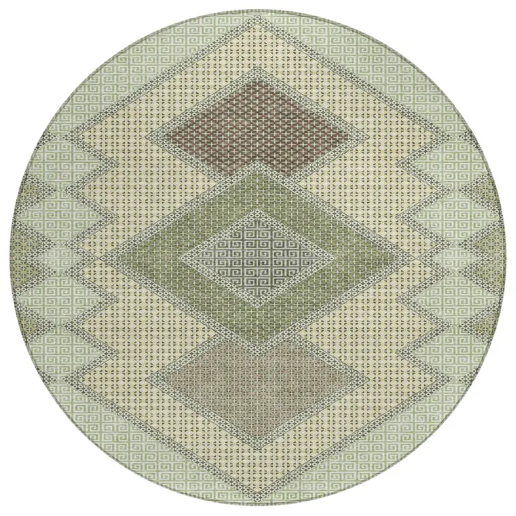 8' Green Gray And Taupe Round Geometric Washable Indoor Outdoor Area Rug