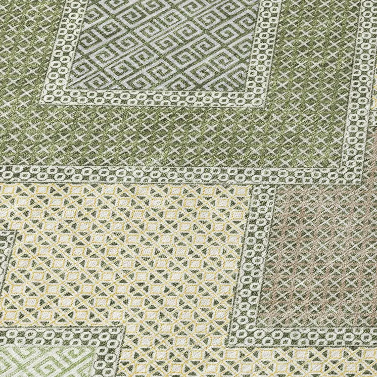 8' Green Gray And Taupe Round Geometric Washable Indoor Outdoor Area Rug