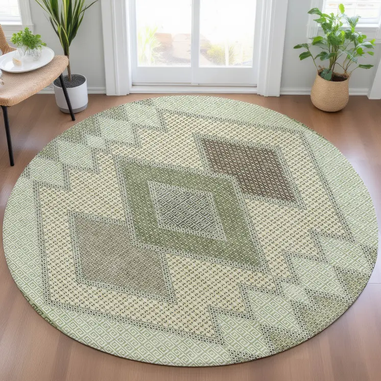 8' Green Gray And Taupe Round Geometric Washable Indoor Outdoor Area Rug