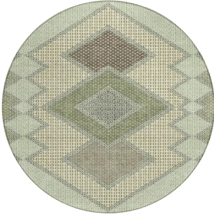 8' Green Gray And Taupe Round Geometric Washable Indoor Outdoor Area Rug