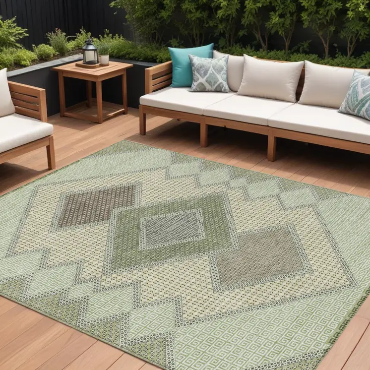 8' X 10' Green Gray And Taupe Geometric Washable Indoor Outdoor Area Rug