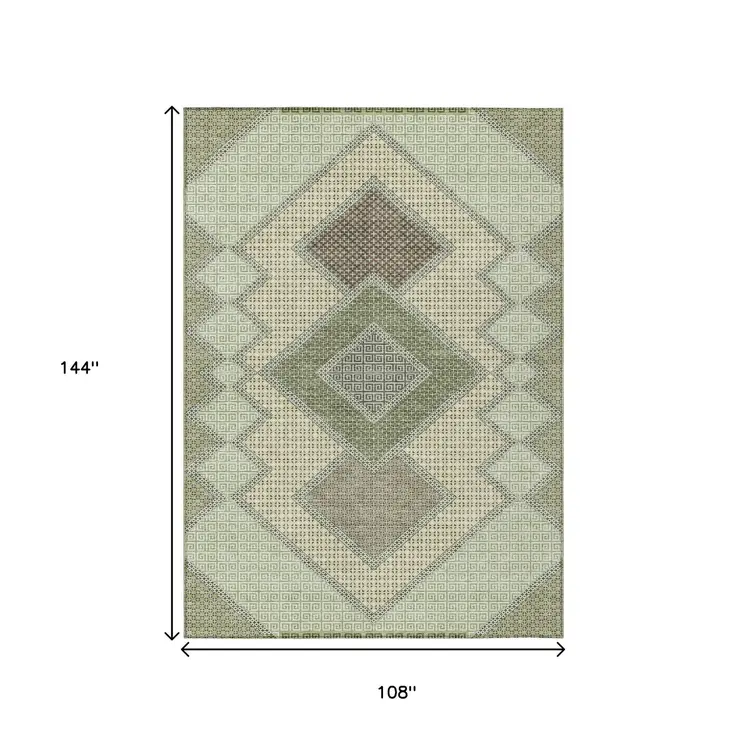 9' X 12' Green Gray And Taupe Geometric Washable Indoor Outdoor Area Rug