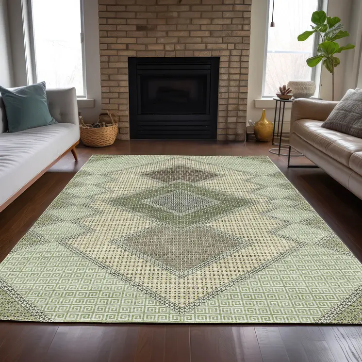 9' X 12' Green Gray And Taupe Geometric Washable Indoor Outdoor Area Rug