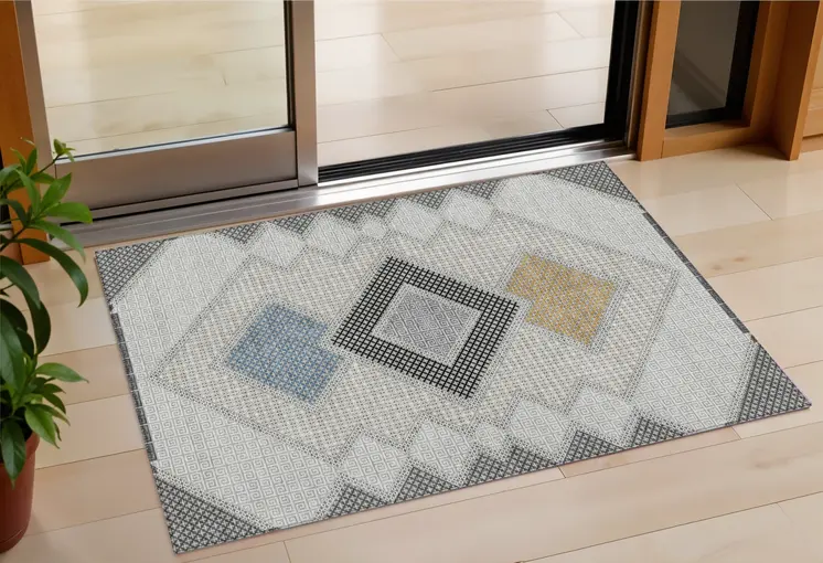 3' X 5' Gray Gold And Charcoal Geometric Washable Indoor Outdoor Area Rug