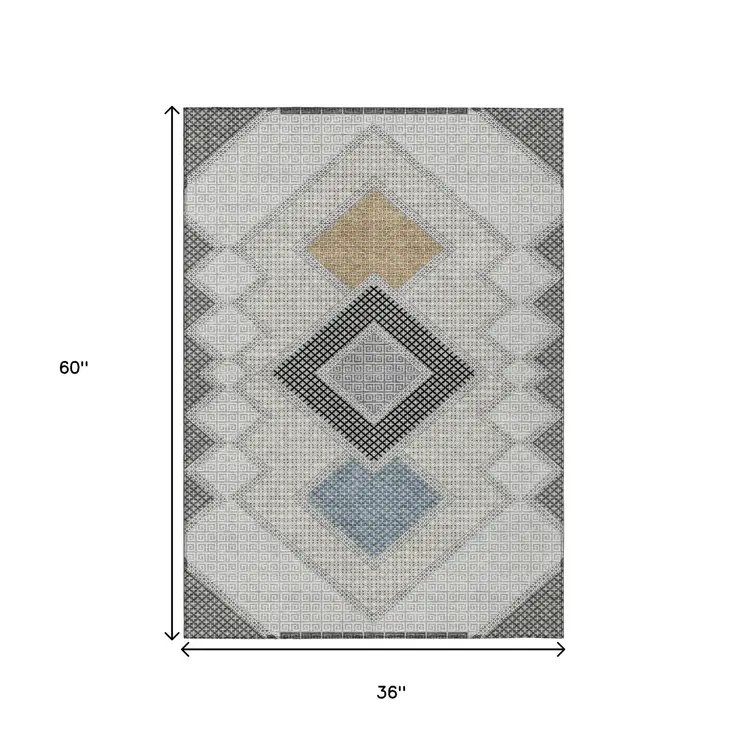 3' X 5' Gray Gold And Charcoal Geometric Washable Indoor Outdoor Area Rug