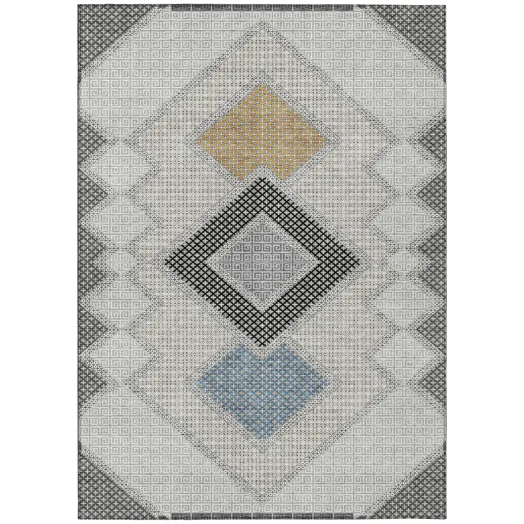 3' X 5' Gray Gold And Charcoal Geometric Washable Indoor Outdoor Area Rug