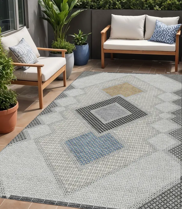 5' X 8' Gray Gold And Charcoal Geometric Washable Indoor Outdoor Area Rug