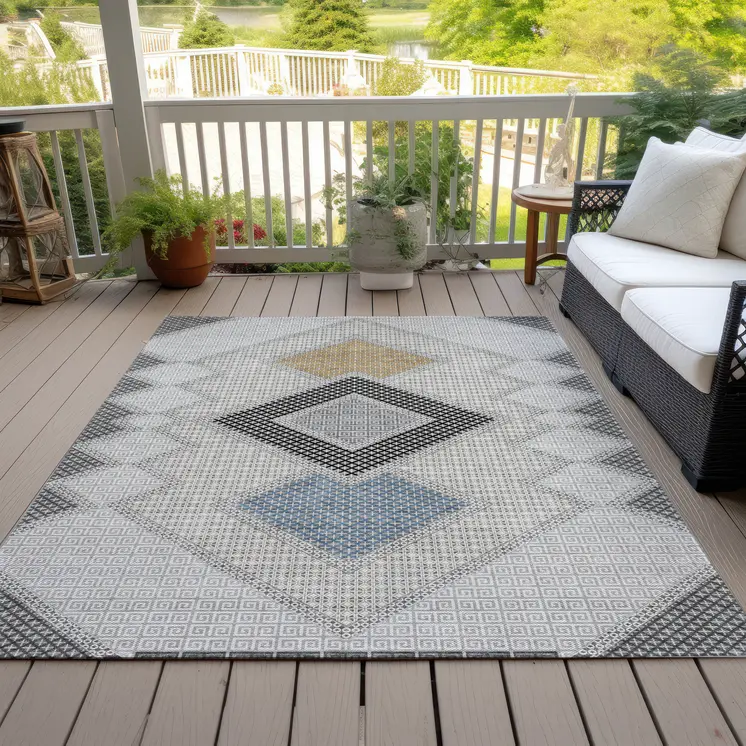 5' X 8' Gray Gold And Charcoal Geometric Washable Indoor Outdoor Area Rug