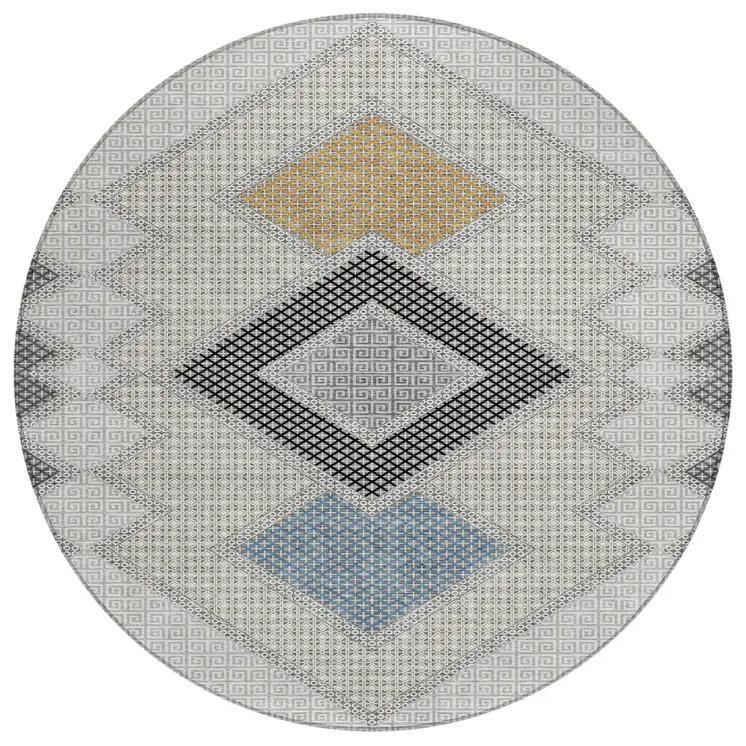8' Gray Gold And Charcoal Round Geometric Washable Indoor Outdoor Area Rug