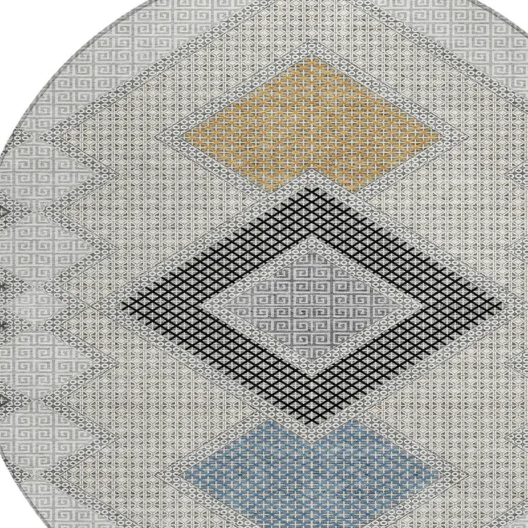 8' Gray Gold And Charcoal Round Geometric Washable Indoor Outdoor Area Rug