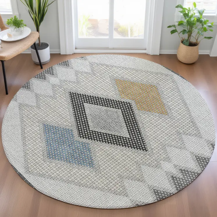 8' Gray Gold And Charcoal Round Geometric Washable Indoor Outdoor Area Rug