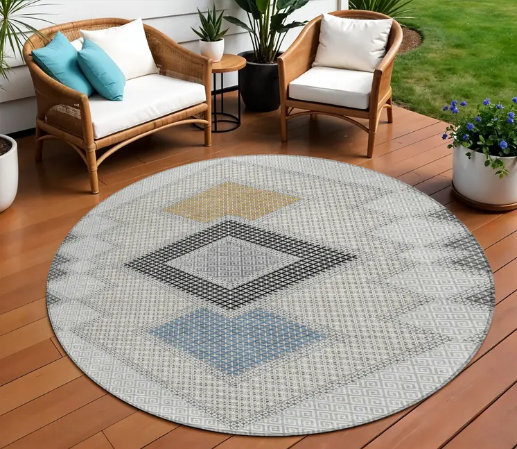 8' Gray Gold And Charcoal Round Geometric Washable Indoor Outdoor Area Rug
