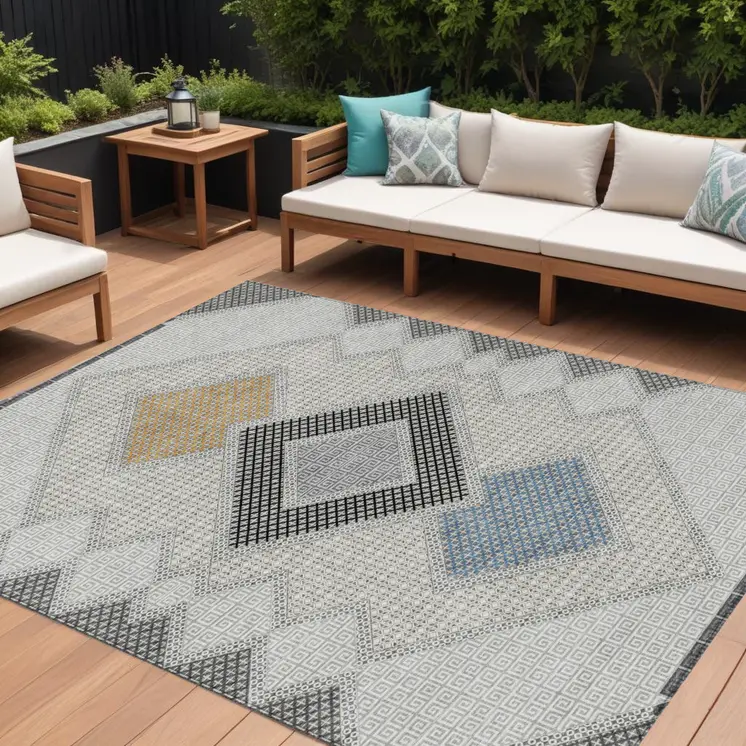 10' X 14' Gray Gold And Charcoal Geometric Washable Indoor Outdoor Area Rug