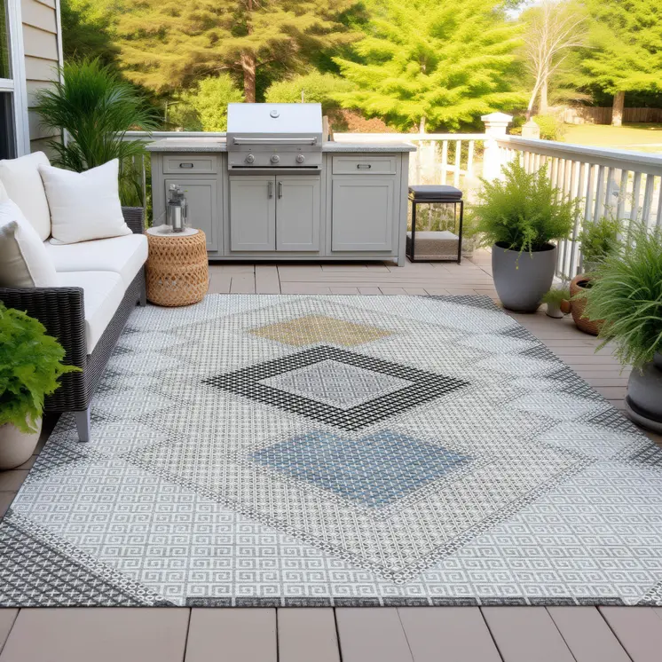10' X 14' Gray Gold And Charcoal Geometric Washable Indoor Outdoor Area Rug