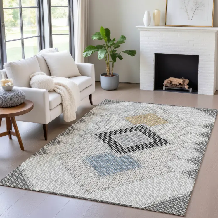 10' X 14' Gray Gold And Charcoal Geometric Washable Indoor Outdoor Area Rug