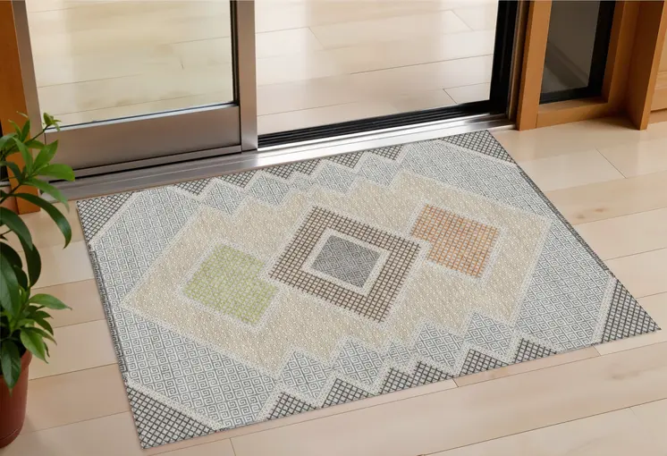 3' X 5' Pewter Copper And Silver Geometric Washable Indoor Outdoor Area Rug