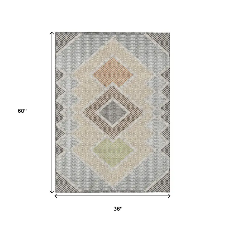 3' X 5' Pewter Copper And Silver Geometric Washable Indoor Outdoor Area Rug