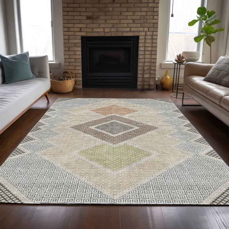 3' X 5' Pewter Copper And Silver Geometric Washable Indoor Outdoor Area Rug