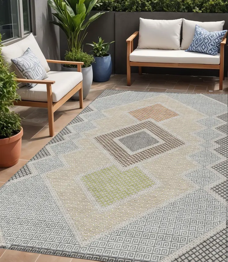 5' X 8' Pewter Copper And Silver Geometric Washable Indoor Outdoor Area Rug