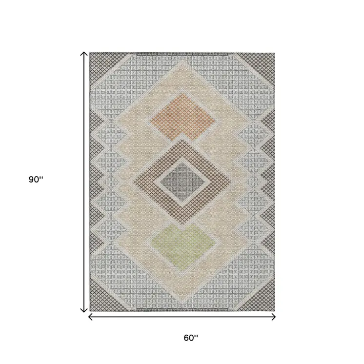5' X 8' Pewter Copper And Silver Geometric Washable Indoor Outdoor Area Rug