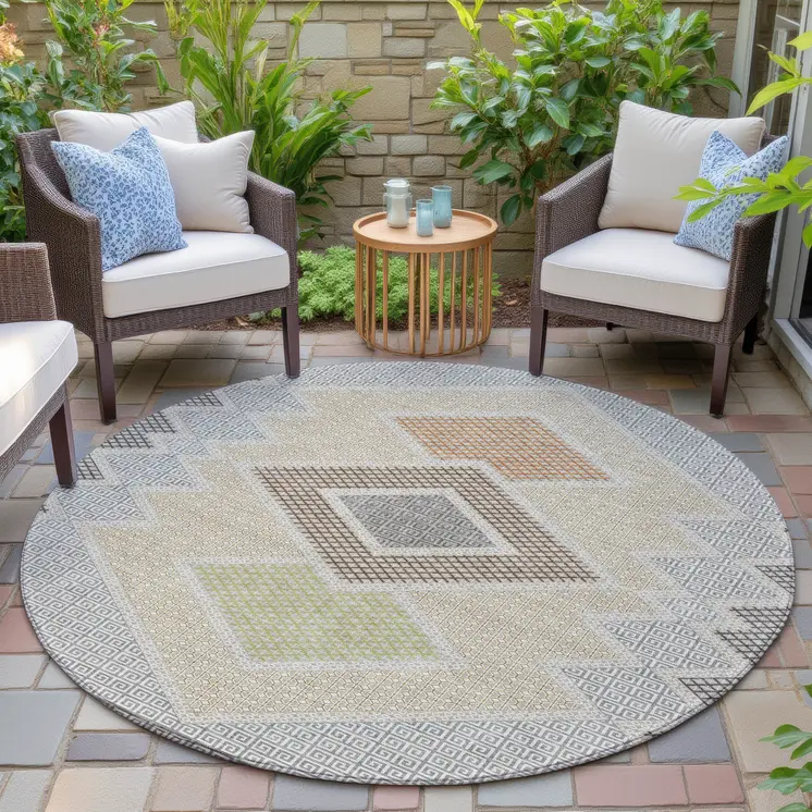 8' Pewter Copper And Silver Round Geometric Washable Indoor Outdoor Area Rug